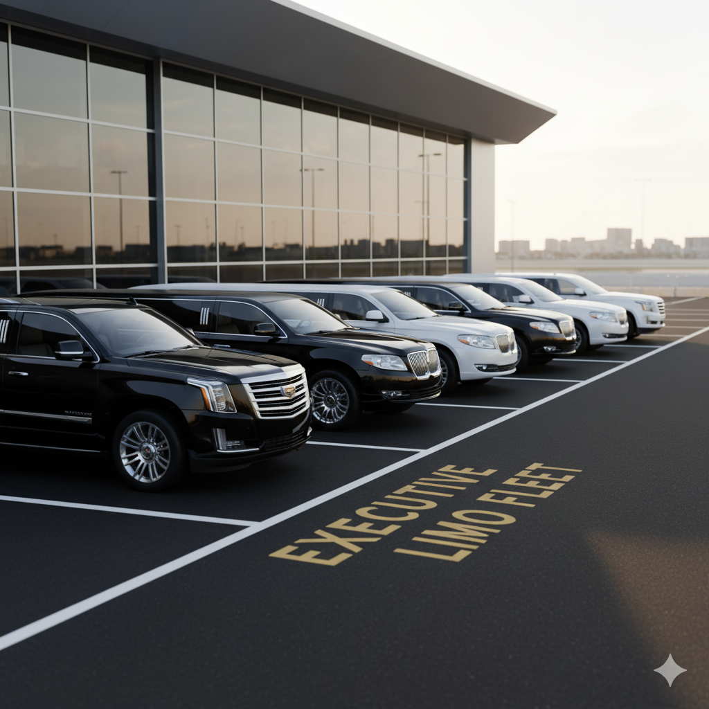 Lineup of DFW Black Limo fleet vehicles ready for dispatch