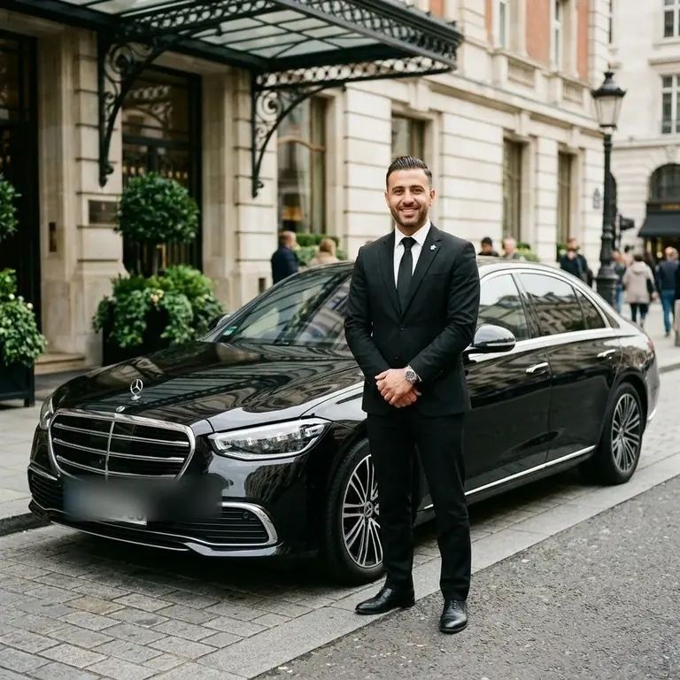 Chauffeur standing beside a DFW Black Limo sedan