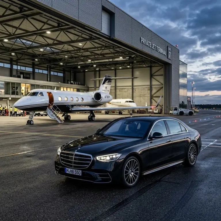 Chauffeured car staged at a private jet terminal